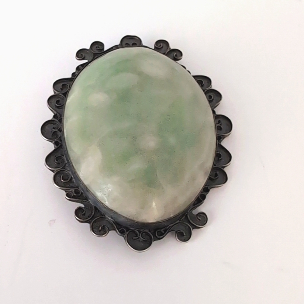 Vintage Sterling Silver Oval Cabochon Green Stone Agate ? Brooch Pin - Mexico - Picture 4 of 11